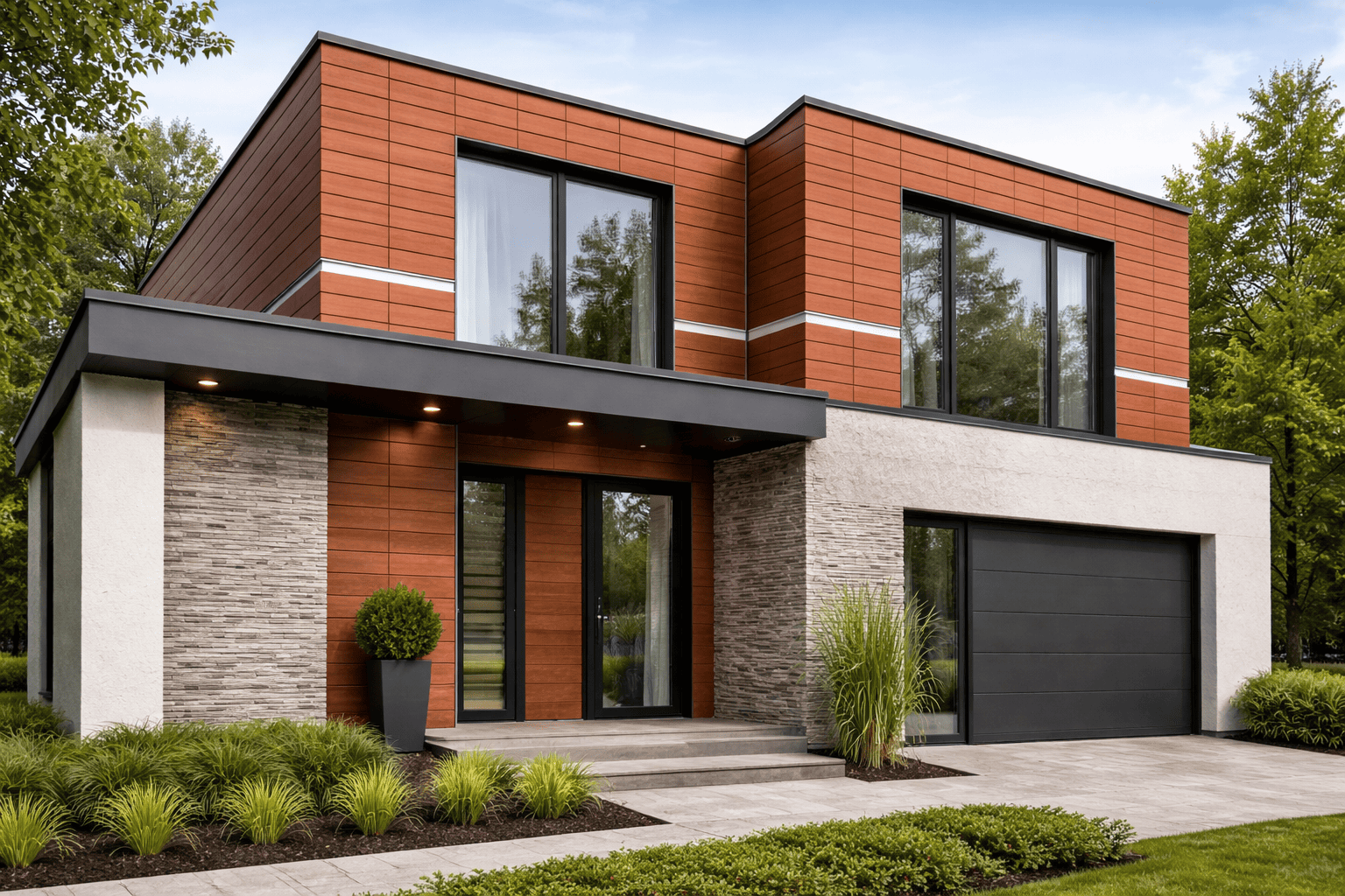 Фасад с линеарными панелями комбинированный