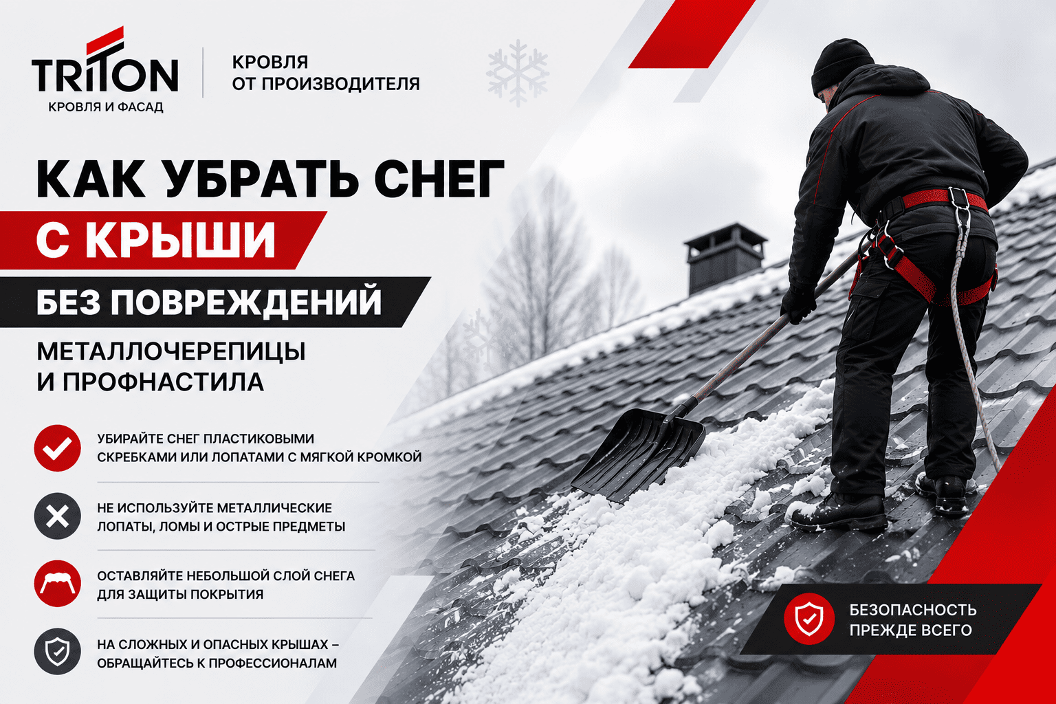 Как убрать снег с крыши из металлочерепицы или профнастила